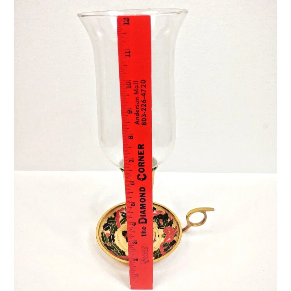 Vintage Brass Chamber Candlestick Holder Painted Enamel Holly Berry Glass Globe